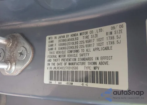 2007 Honda Cr-V Lx z USA, uszkodzony, nr VIN JHLRE48327C010586